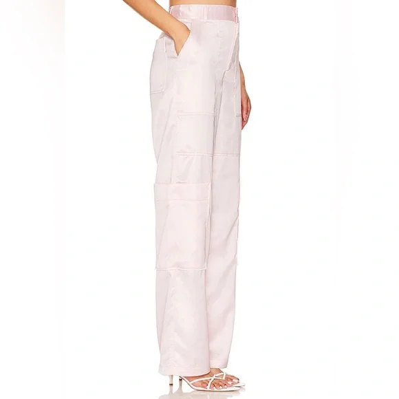 New NWT Bubish Lara Cargo Pant in Blush pink satin silk wide leg revolve - Picture 2 of 7